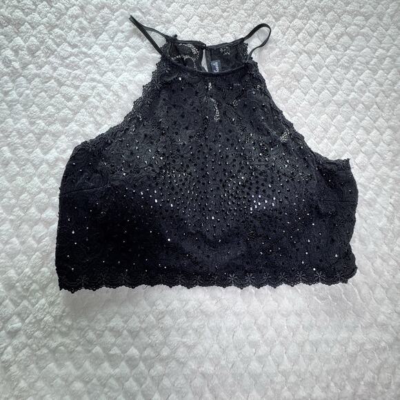 Party Tops - Women’s Halter Top Cropped Sequined Party Black Size Small